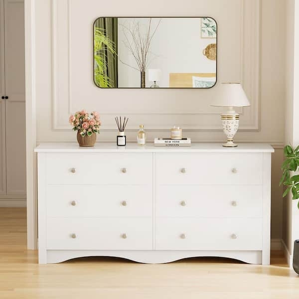 Double Dresser: White Finish, Scalloped Base, Six Drawers. Cottage Style.