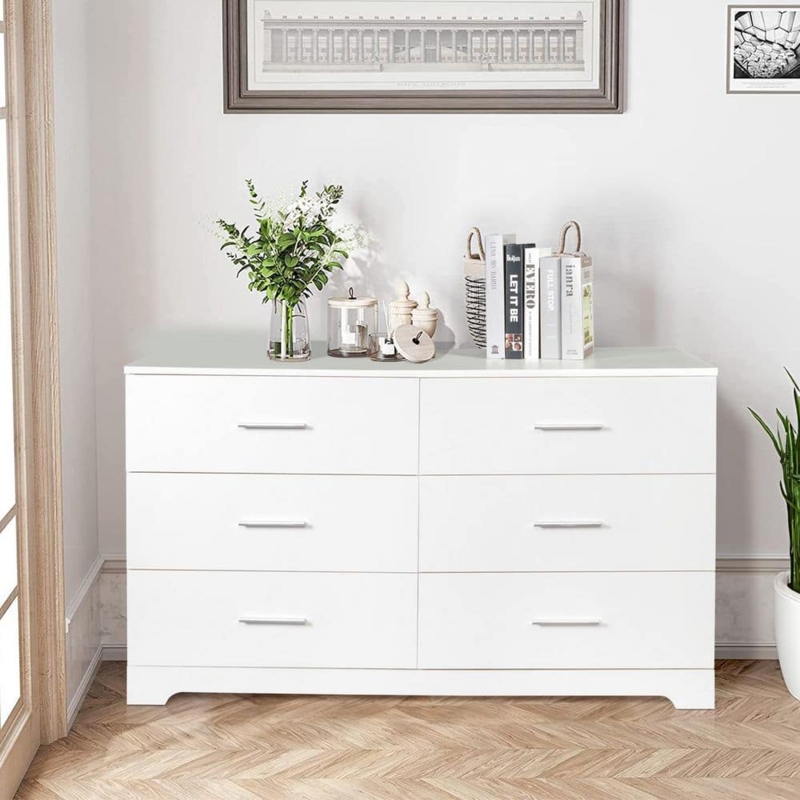Double Dresser White Minimalist Silver Pulls Bracket Base