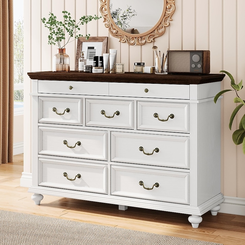 Double Dresser White Nine Drawers Dark Wood Top Vintage Brass