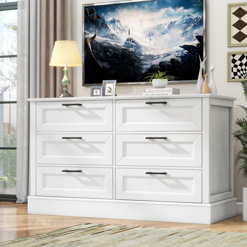 Double Dresser White Recessed Panel Fronts Black Bar Pulls
