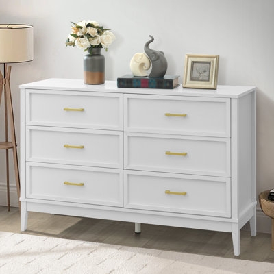 Double Dresser White Six Drawer Gold Bar Pulls Recessed Panels