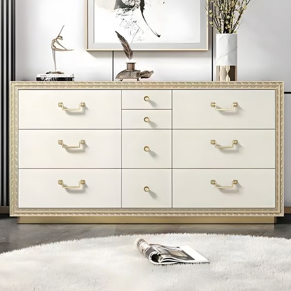 Double Dresser White Ten Drawer Textured Frame Gold Base