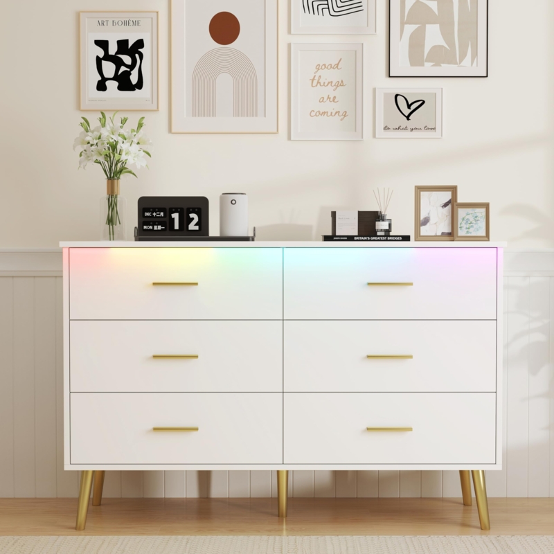 Double Dresser White with Integrated LED Lighting & Gold Legs
