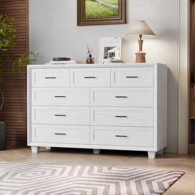 Double Dresser White Wood Grain Nine Drawers Black Pulls