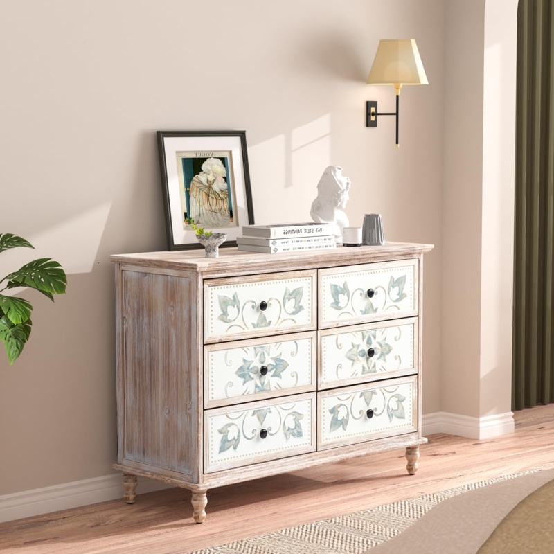 Double Dresser Whitewashed Distressed with Carved Floral Drawers and Turned Feet
