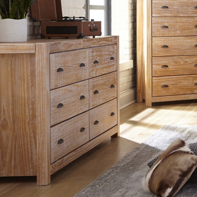 Double Dresser Whitewashed Distressed Wood with Bin Pulls, Rustic Farmhouse