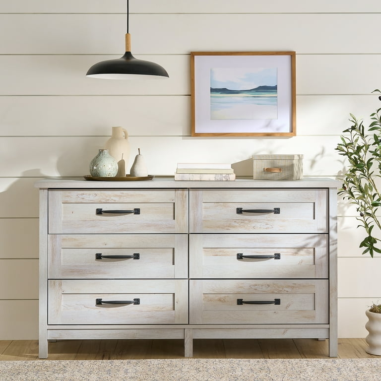 Double Dresser Whitewashed Finish Black Hardware Wide Profile