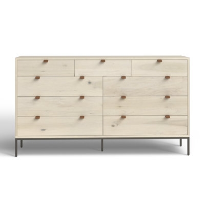 Double Dresser Whitewashed Finish Leather Pull Tabs Nine Drawers