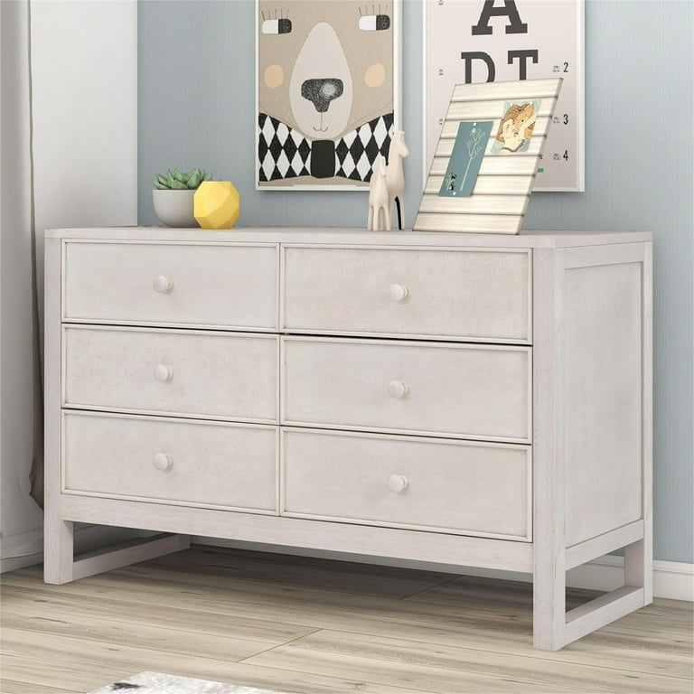 Double Dresser Whitewashed Sled Base Frame Six Drawers Farmhouse
