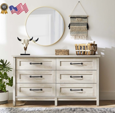 Double Dresser Whitewashed Wood Tone Block Legs Neutral Storage
