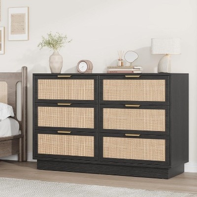 Double Dresser, Wide Profile, Woven Rattan Cane Panels, Slim Gold Handles