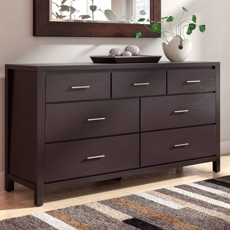 Double Dresser with 7 Drawers and Slim Metal Pulls in Espresso Finish