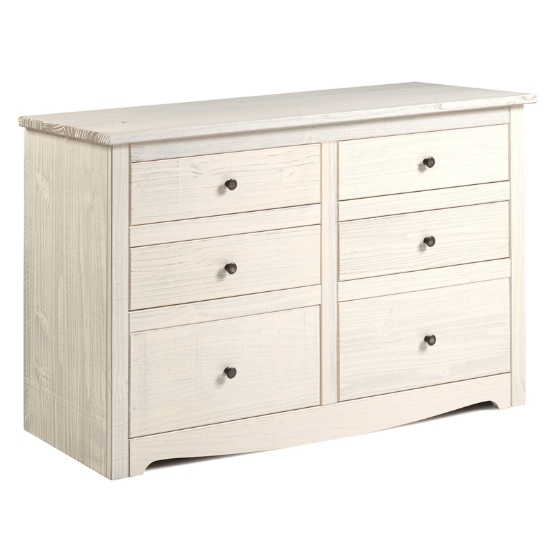Double Dresser with Arched Kickplate, Metal Knobs, Six Drawers.