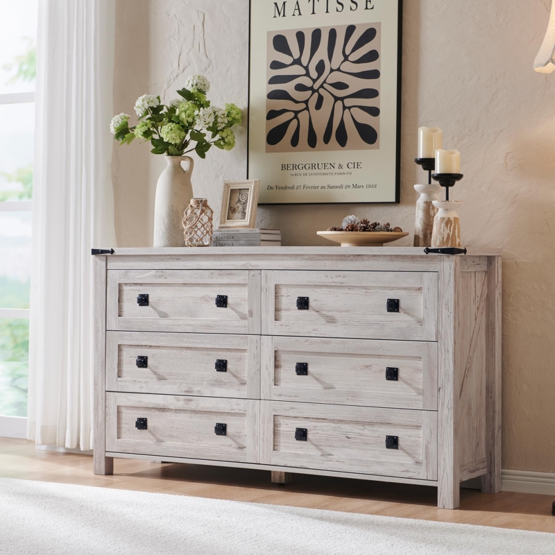 Double Dresser with Barn Door Detail, Whitewashed Finish, Modern Farmhouse