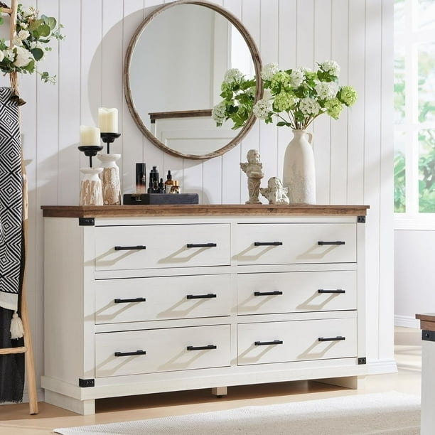Double Dresser with Black Metal Corner Accents & Wood Top.
