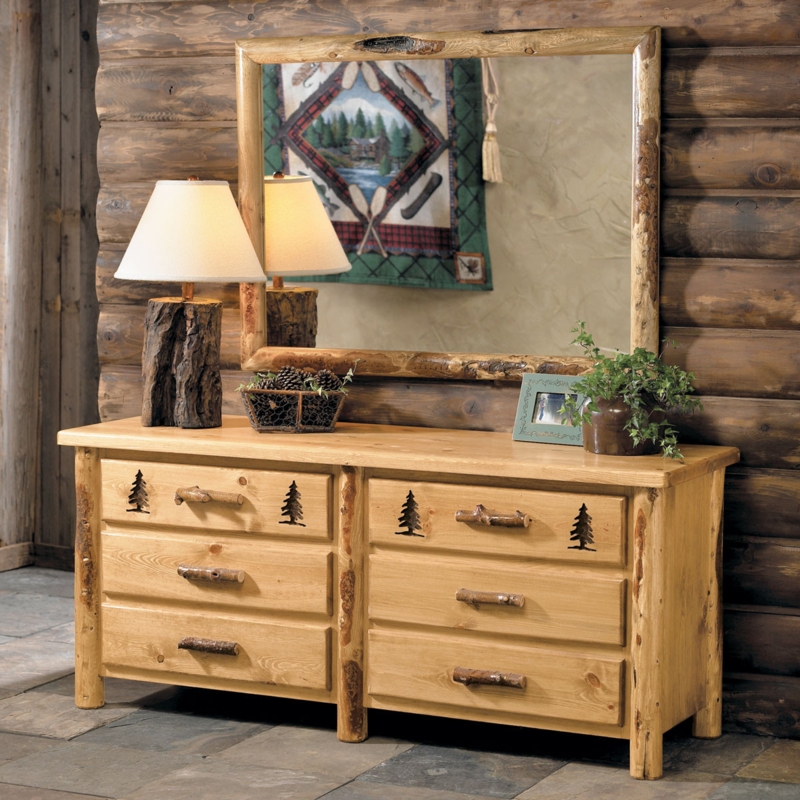 Double Dresser with Branch Pulls, Bark Edges, Pine Tree Cutouts, Rustic