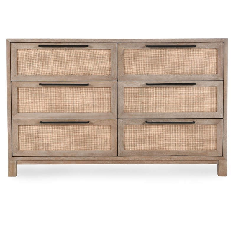 Double Dresser with Cane Drawer Fronts, Slim Black Hardware