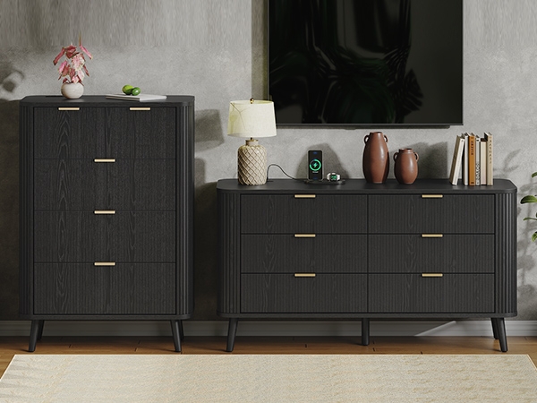 Double Dresser with Charging Station Curved Profile Fluted Surface