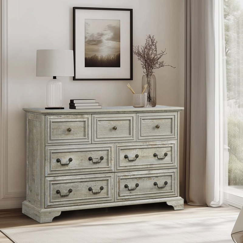 Double Dresser with Distressed Finish, Raised Panels, Seven Drawer White