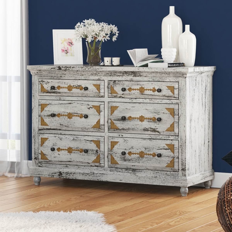 Double Dresser with Distressed White Finish and Brass Inlay