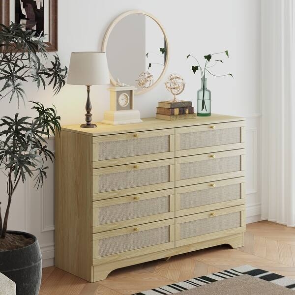 Double Dresser with Eight-Drawer Capacity and Rattan Fronts