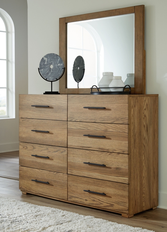 Double Dresser with Eight Drawer Layout, Horizontal Black Pulls, Wood