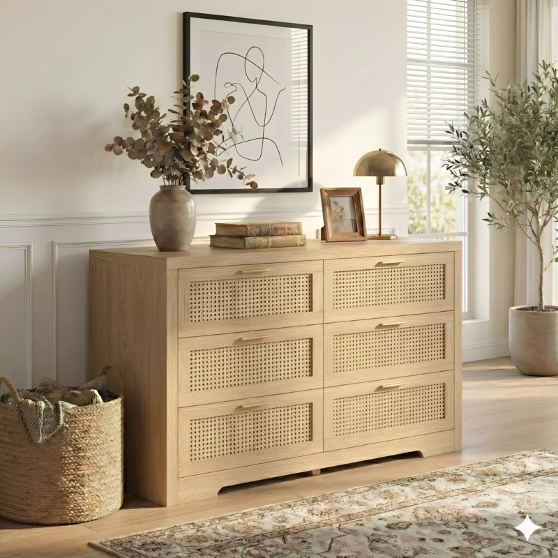 Double Dresser with Gold Bar Pulls and Woven Cane Panels