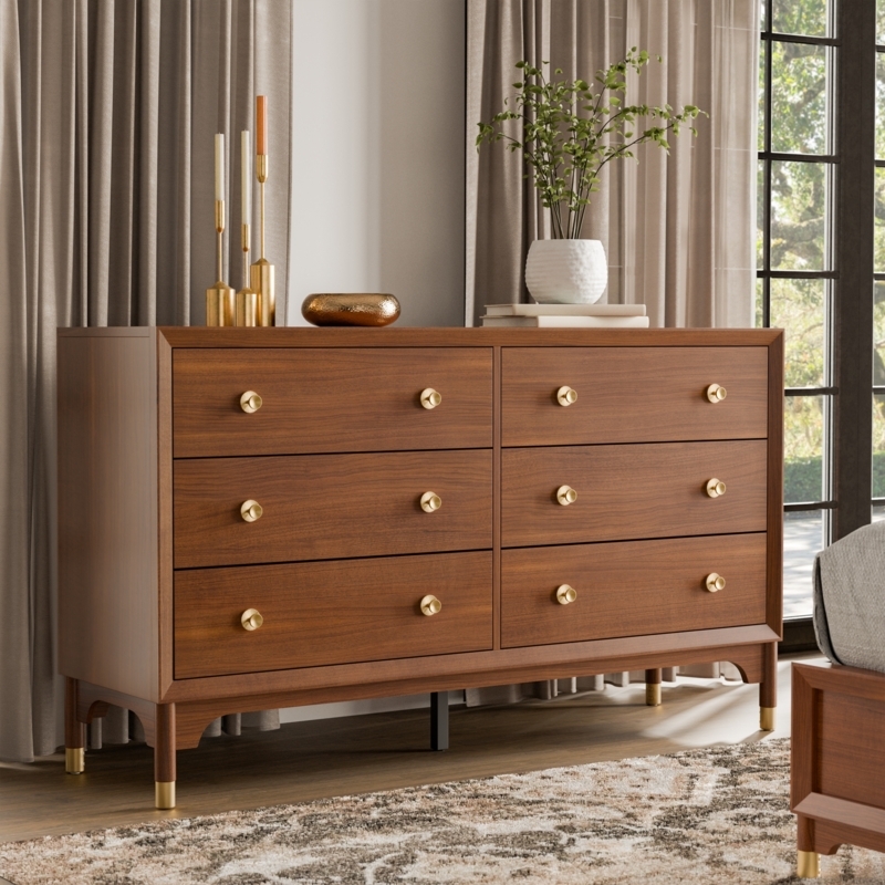 Double Dresser with Gold Leg Caps and Knobs Mid Century Walnut