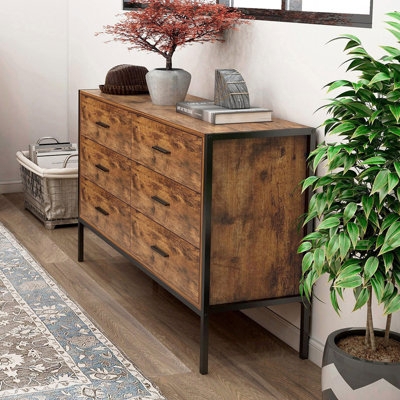 Double Dresser with Metal Frame, Rustic Finish, Horizontal Pulls