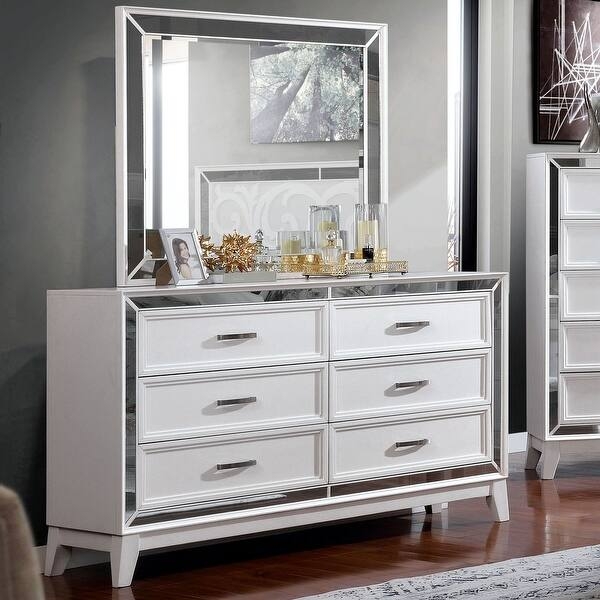 Double Dresser with Mirrored Trim & Silver Accents, White Finish