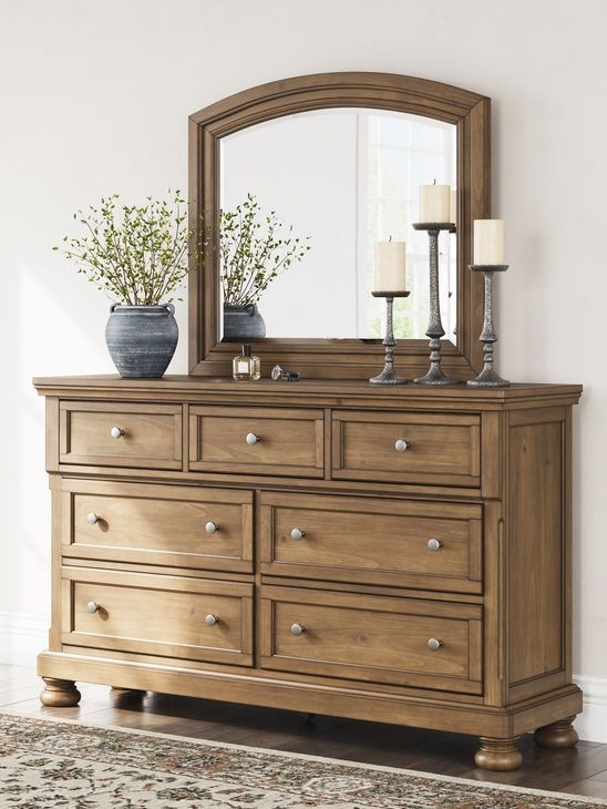 Double Dresser with Picture Frame Molding, Arched Mirror, Bun Feet