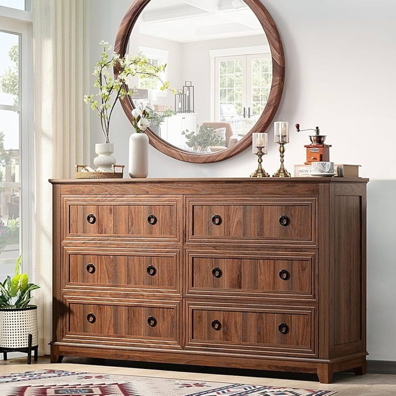 Double Dresser with Ring Pulls Brown Wood Rustic Farmhouse Storage