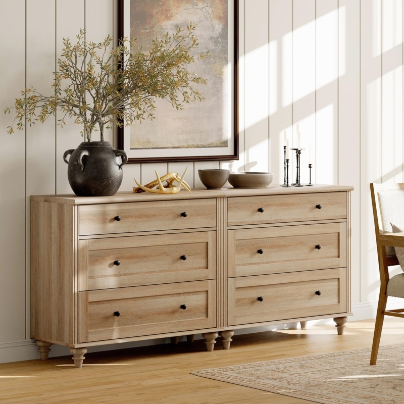Double Dresser with Turned Feet in Light Oak, Modern Farmhouse Storage