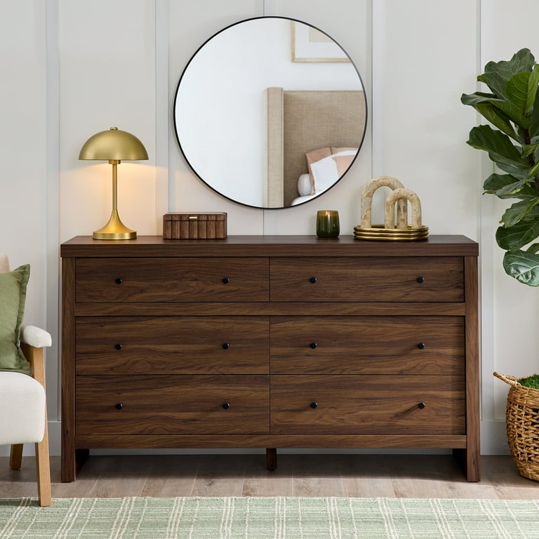 Double Dresser with Walnut Finish, Round Knobs, Mid Century Modern Style
