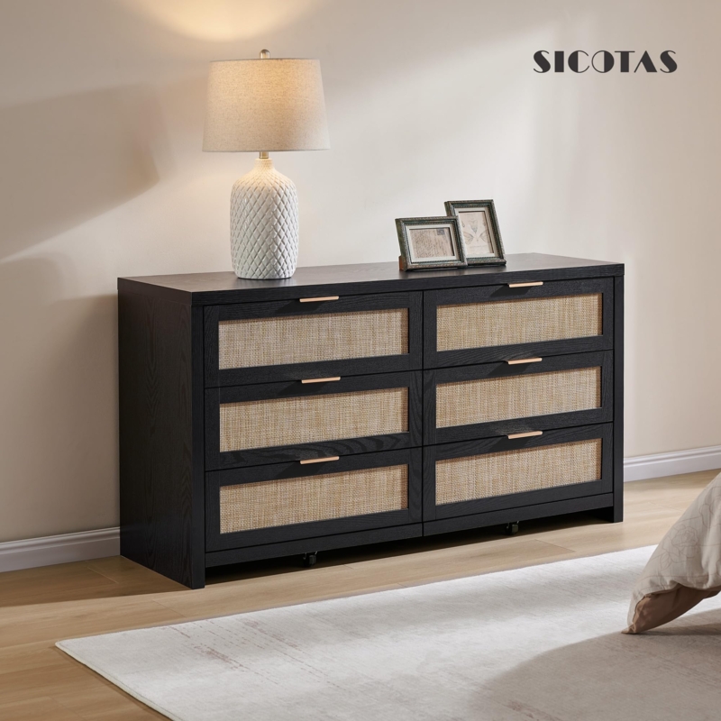 Double Dresser, Woven Cane Panels, Flat Top, Black Oak Finish, Gold Pulls