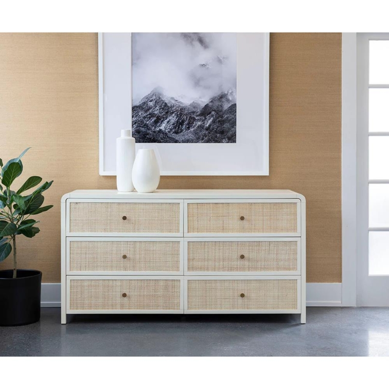 Double Dresser Woven Rattan Fronts and Rounded Corners, Organic Modern Style