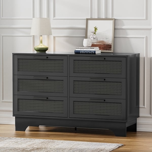 Double Dresser, Woven Rattan-Style Texture, Slim Horizontal Pulls, Black
