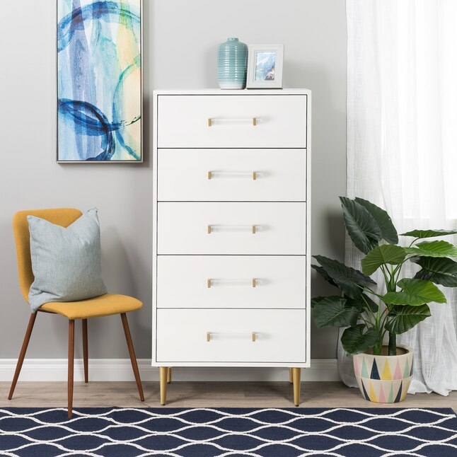 Drawer Chest Modern Glam Gold Tapered Legs Acrylic Handles