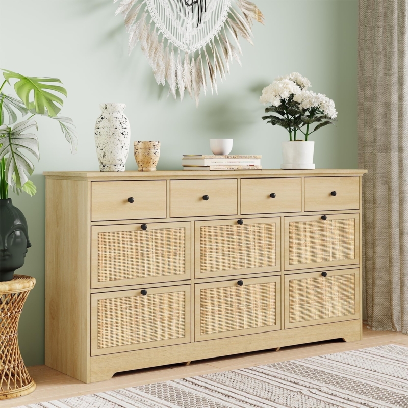 Dresser 10 Drawers Rattan Fronts Boho Natural Wood Storage Chest Inlays