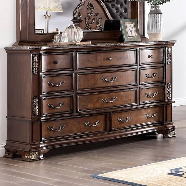 Dresser 11 Drawers Marble Top Acanthus Carvings Brown Cherry Traditional