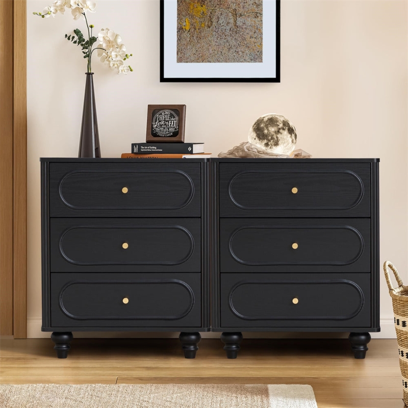 Dresser 3-Drawer Oval Recessed Panels Turned Bun Feet Transitional