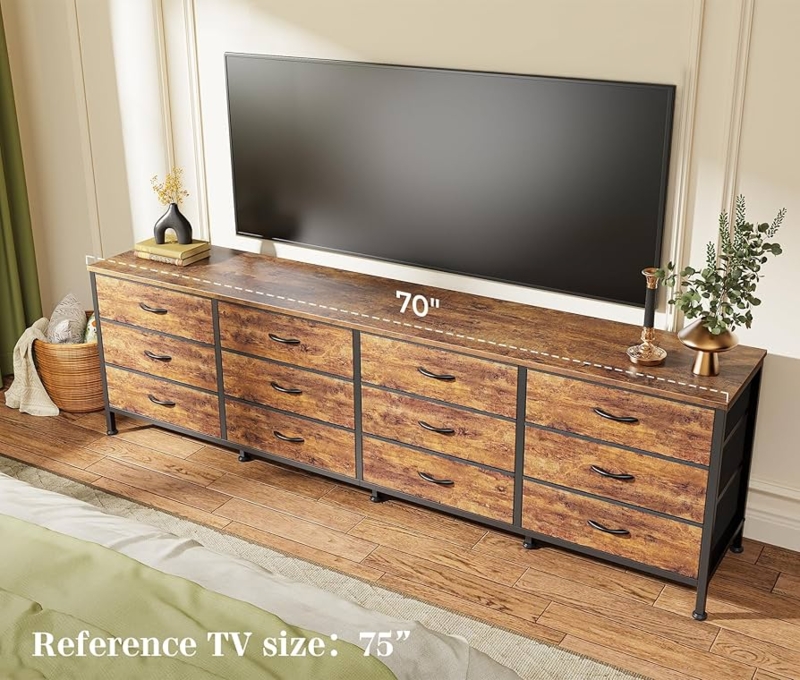 Dresser, 70-Inch Wide, 12-Drawer Wood Tone, Black Frame