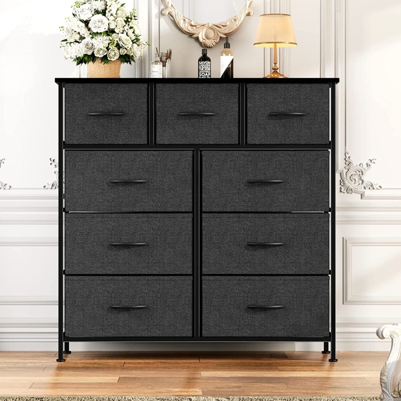 Dresser 9 Drawer Charcoal Grey Fabric Black Metal Frame Organizer