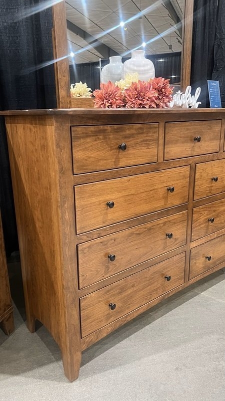 Dresser 9-Drawer Medium Brown Wood-Toned with Integrated Mirror