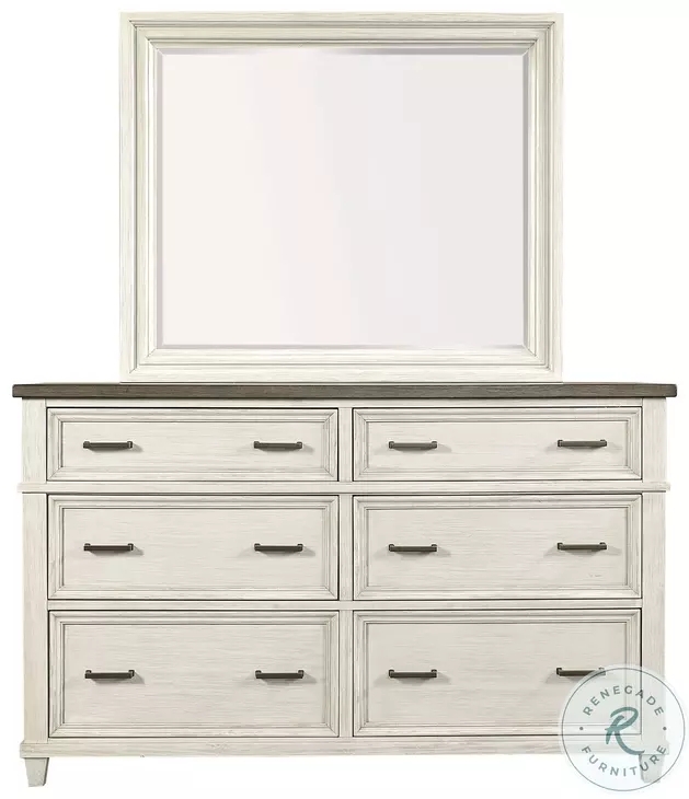 Dresser Aged 6-Drawer with Dark Wood Top, Molded Fronts and Mirror