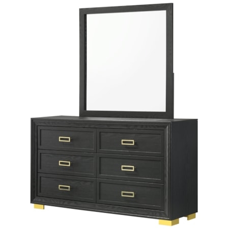 Dresser And Mirror Black Wood Grain Gold Rectangular Hardware
