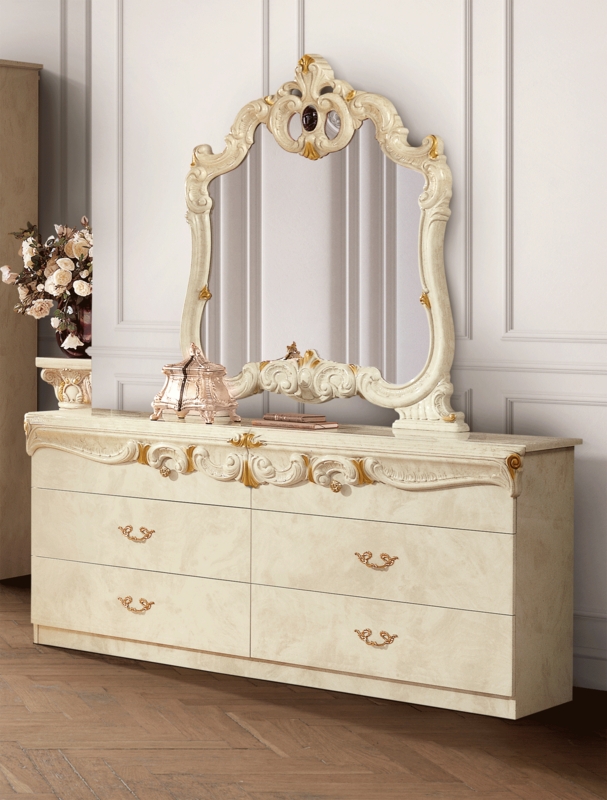Dresser and Mirror Set Ornate Gold Carvings Ivory Lacquer