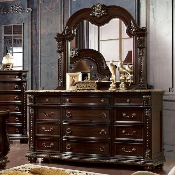 Dresser and Mirror Set with Stone-Like Top and Twelve Drawers