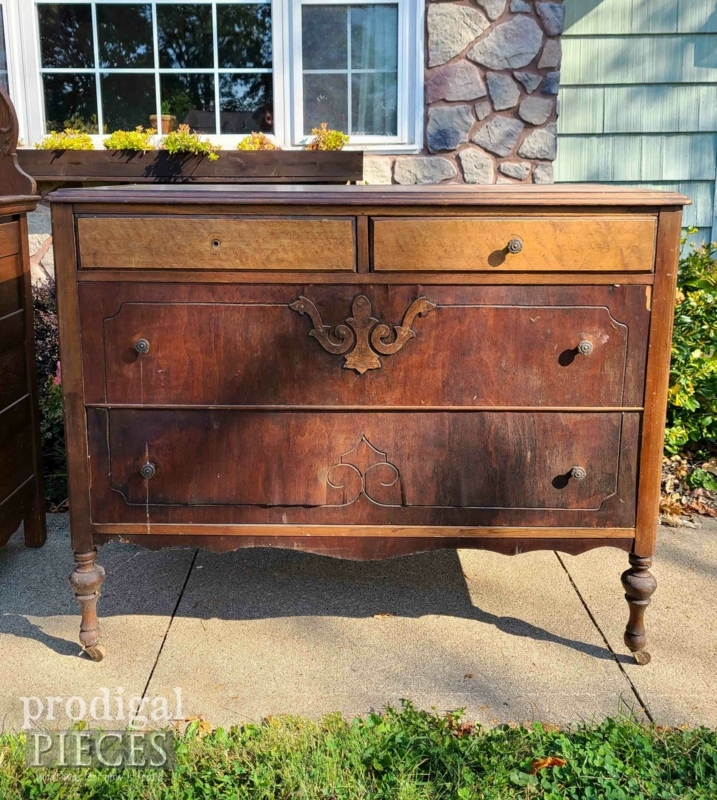 Dresser Antique Distressed Wood Scroll Applique Turned Legs Wheels