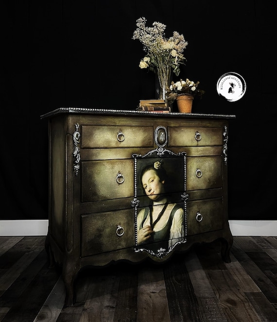 Dresser Antique Portrait Graphic with Ornate Silver Trim